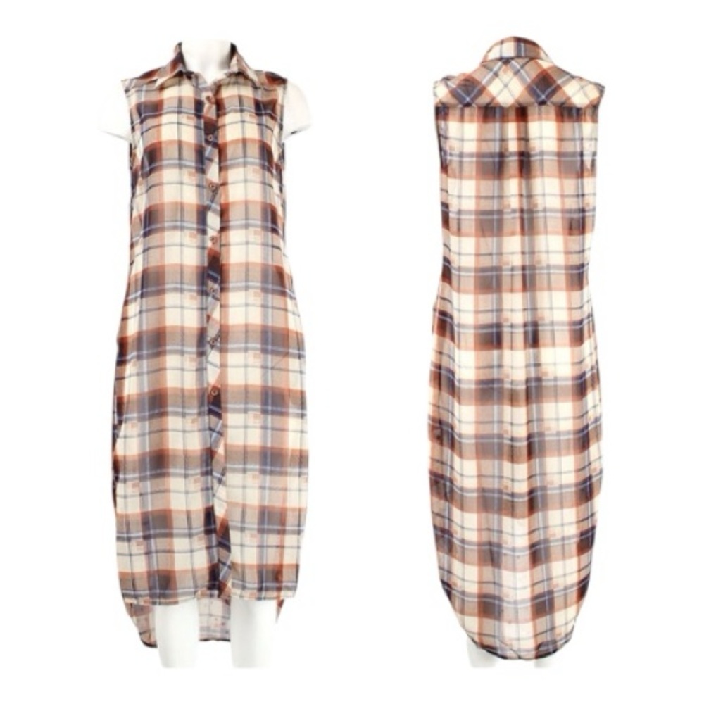 Boutique Semi Sheer Sleeveless Plaid Button-Front Duster in Cream and Brown